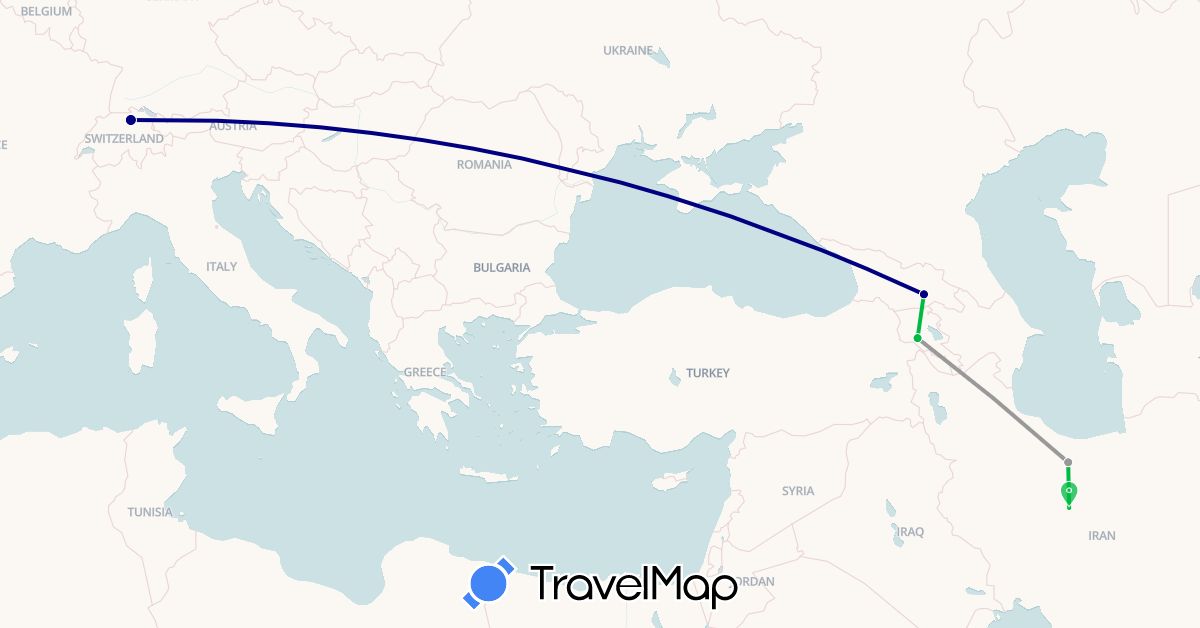 TravelMap itinerary: driving, bus, plane in Armenia, Switzerland, Georgia, Iran (Asia, Europe)